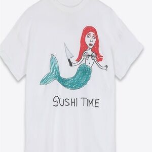 Unfortunate Portrait Sushi Time White Graphic T-Shirt with Mermaid Design